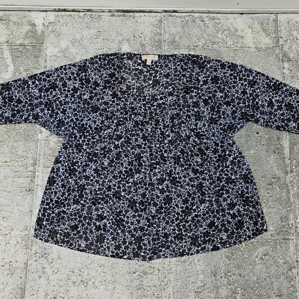 Michael Kors Women Top Blouse Black/White Floral Design Short Sleeve Shirt Sz 2X